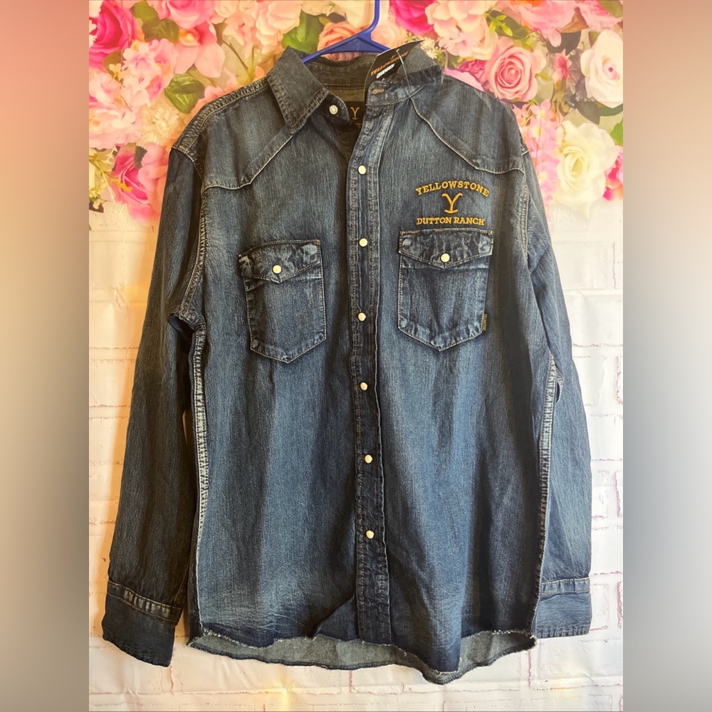 Yellowstone Dutton Ranch Button Down Embroidery Longsleeve Denim Shirt Large